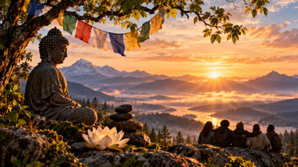 A serene Buddha (Buddhist statue) overlooking a mountain valley at sunrise, with prayer flags, a glowing lotus flower, and five people sitting together in quiet reflection, symbolizing courage, compassion, and community
